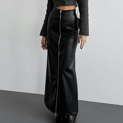 Women's Faux Leather High Waist Pencil Maxi Skirt Zipper Split Bodycon Long Skirt