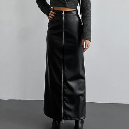 Women's Faux Leather High Waist Pencil Maxi Skirt Zipper Split Bodycon Long Skirt