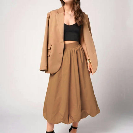 Women Bubble Midi Skirt High Waist Pleated A-Line Solid Elegant Balloon Skirt