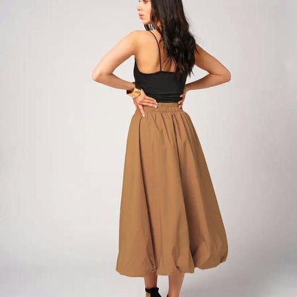 Women Bubble Midi Skirt High Waist Pleated A-Line Solid Elegant Balloon Skirt