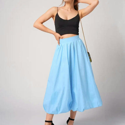 Women Bubble Midi Skirt High Waist Pleated A-Line Solid Elegant Balloon Skirt