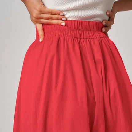 Women Bubble Midi Skirt High Waist Pleated A-Line Solid Elegant Balloon Skirt