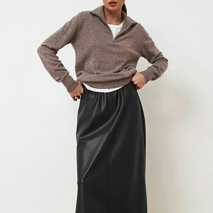 Faux Leather Skirts for Women Casual High Waisted Split Long Skirts