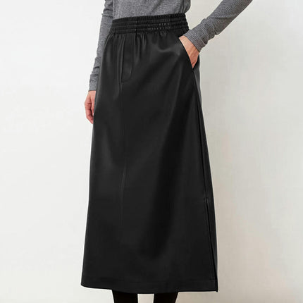 Faux Leather Skirts for Women Casual High Waisted Split Long Skirts