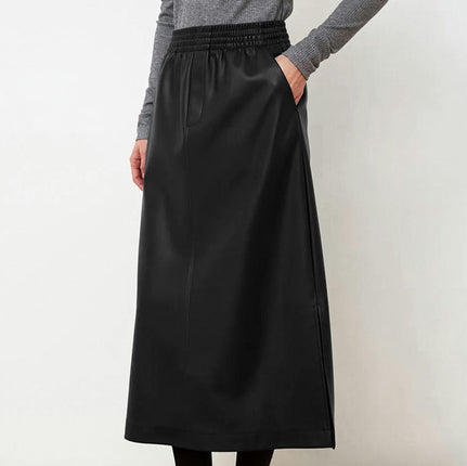 Faux Leather Skirts for Women Casual High Waisted Split Long Skirts