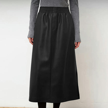Faux Leather Skirts for Women Casual High Waisted Split Long Skirts