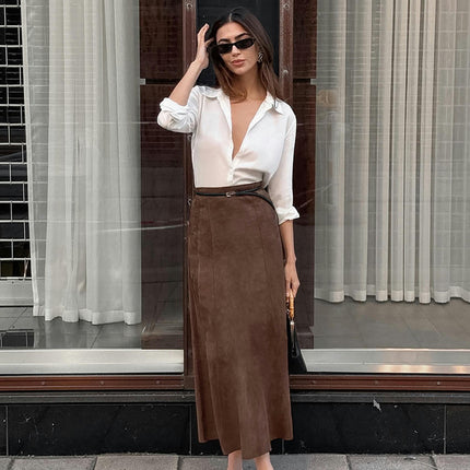 Women's Faux Suede Maxi Skirt High Waist Bodycon A Line Long Skirts