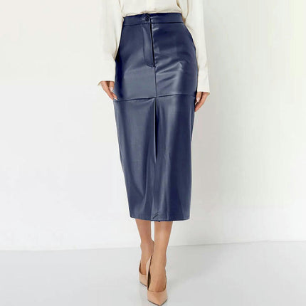 Women's High Waist Split Casual Skirt Faux Leather Elegant Bodycon Midi Skirt