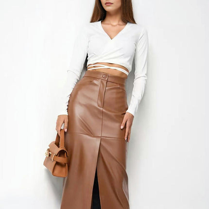 Women's High Waist Split Casual Skirt Faux Leather Elegant Bodycon Midi Skirt