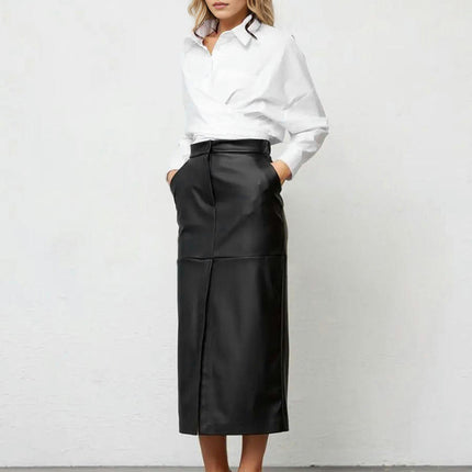 Women's High Waist Split Casual Skirt Faux Leather Elegant Bodycon Midi Skirt
