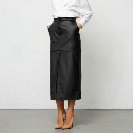 Women's High Waist Split Casual Skirt Faux Leather Elegant Bodycon Midi Skirt