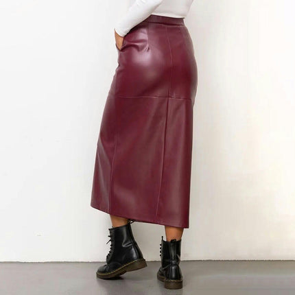 Women's High Waist Split Casual Skirt Faux Leather Elegant Bodycon Midi Skirt
