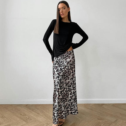 Women's Leopard Print Maxi Skirts High Waist Elegant Casual A-Line Long Skirt