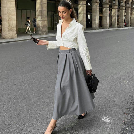 Women's High Waisted Casual Maxi Skirt A-Line Flowy Pleated Long Skirt