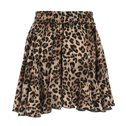 Women's Leopard Print Pleated Skater Skirt High Waisted Ruffles Flared Mini Skirts