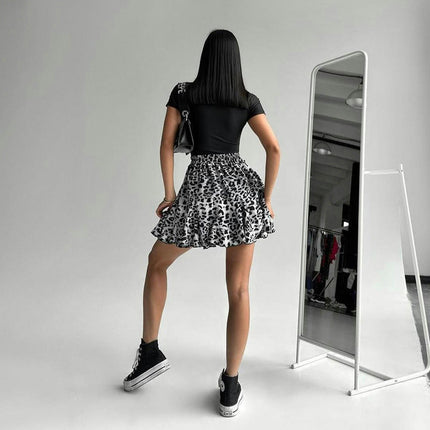 Women's Leopard Print Pleated Skater Skirt High Waisted Ruffles Flared Mini Skirts