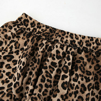 Women's Leopard Print Pleated Skater Skirt High Waisted Ruffles Flared Mini Skirts