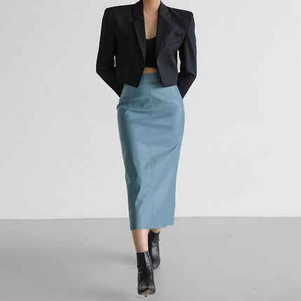 Women's Faux Leather Skirts Back Slit High Waist Bodycon Midi Pencil Skirt