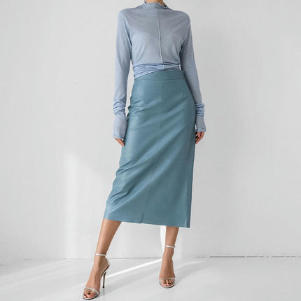 Women's Faux Leather Skirts Back Slit High Waist Bodycon Midi Pencil Skirt