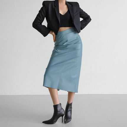 Women's Faux Leather Skirts Back Slit High Waist Bodycon Midi Pencil Skirt