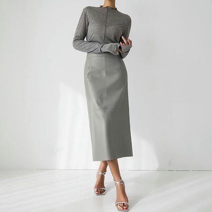 Women's Faux Leather Skirts Back Slit High Waist Bodycon Midi Pencil Skirt