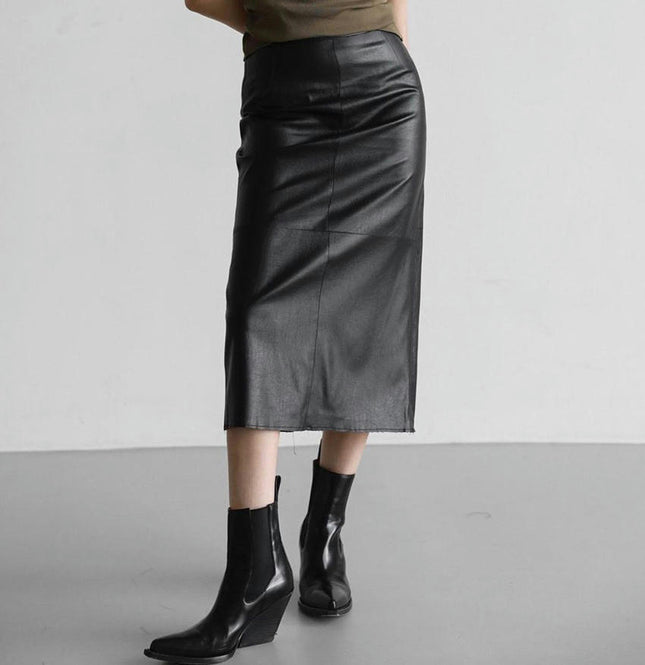 Women's Faux Leather Skirts Back Slit High Waist Bodycon Midi Pencil Skirt