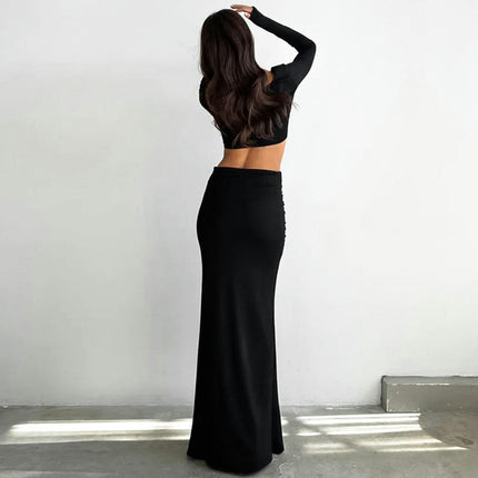 Women's Casual High Waist Ruched Stretchy Bodycon Long Maxi Skirt