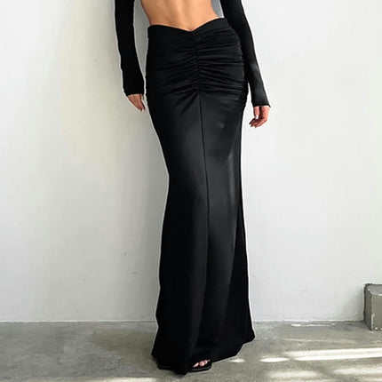 Women's Casual High Waist Ruched Stretchy Bodycon Long Maxi Skirt
