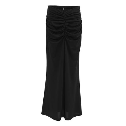 Women's Casual High Waist Ruched Stretchy Bodycon Long Maxi Skirt