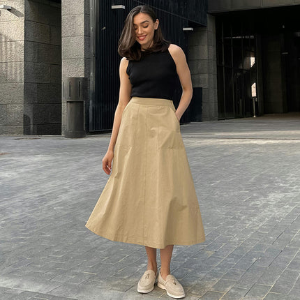 Women's Cotton High Waist Skirts Flared A Line Swing Midi Skirt
