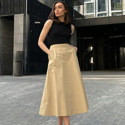 Women's Cotton High Waist Skirts Flared A Line Swing Midi Skirt