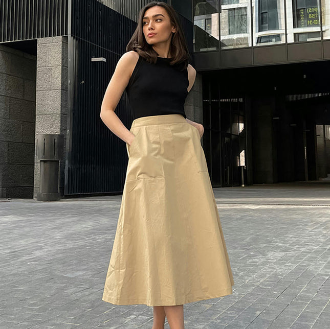 Women's Cotton High Waist Skirts Flared A Line Swing Midi Skirt