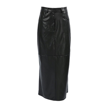 Women High Waisted Faux Leather Slit Maxi Skirt Bodycon Split Long Skirt
