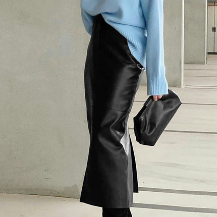 Women High Waisted Faux Leather Slit Maxi Skirt Bodycon Split Long Skirt