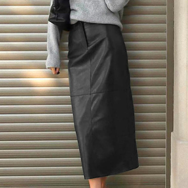 Women High Waisted Faux Leather Slit Maxi Skirt Bodycon Split Long Skirt