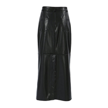 Women High Waisted Faux Leather Slit Maxi Skirt Bodycon Split Long Skirt