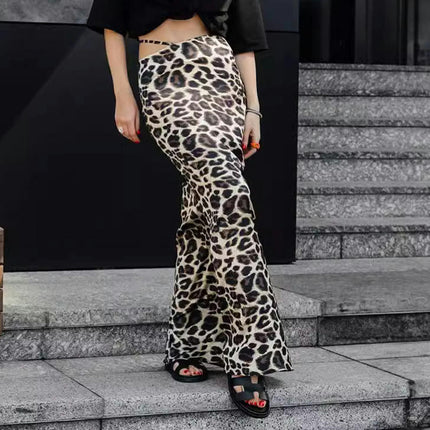 Women Casual Leopard Print Maxi Skirt High Waist A Line Long Skirts