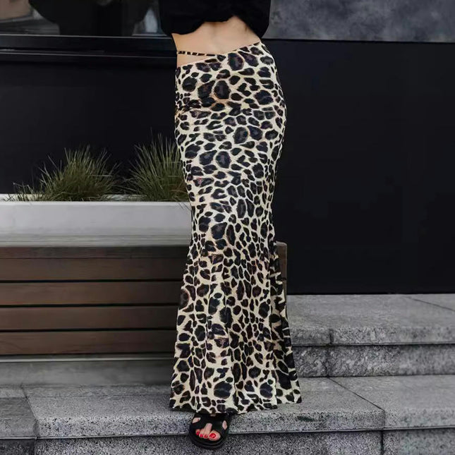 Women Casual Leopard Print Maxi Skirt High Waist A Line Long Skirts