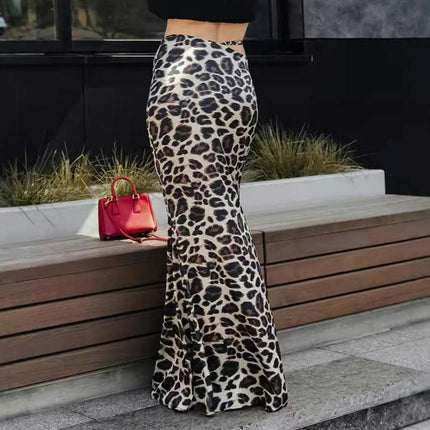 Women Casual Leopard Print Maxi Skirt High Waist A Line Long Skirts