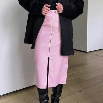 Women's Sexy Zip Up High Waist Skirts Split Bodycon Faux Leather Midi Skirt