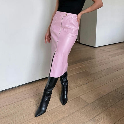Women's Sexy Zip Up High Waist Skirts Split Bodycon Faux Leather Midi Skirt