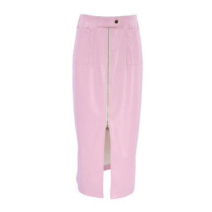 Women's Sexy Zip Up High Waist Skirts Split Bodycon Faux Leather Midi Skirt