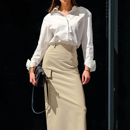 Women High Waisted Skirt Trendy Summer Casual Pocket Long Pencil Skirts with Slit