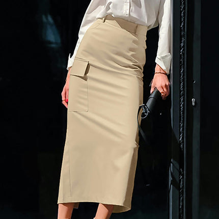 Women High Waisted Skirt Trendy Summer Casual Pocket Long Pencil Skirts with Slit