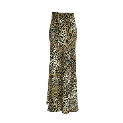 Women's Satin Maxi Skirts High Waisted Casual A-Line Leopard Print Long Skirt