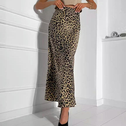Women's Satin Maxi Skirts High Waisted Casual A-Line Leopard Print Long Skirt
