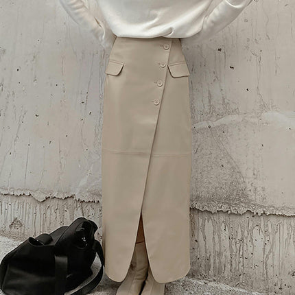 Womens Faux Leather Button Down Skirt High Waist Split Bodycon Pencil Long Skirt