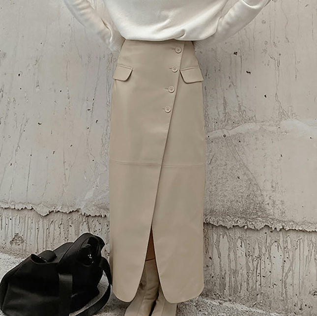 Womens Faux Leather Button Down Skirt High Waist Split Bodycon Pencil Long Skirt