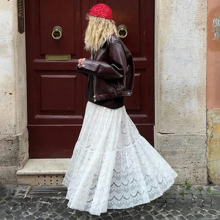 Floral Lace Maxi Skirt for Women High Waist See-Through A Line Flowy Long Skirt