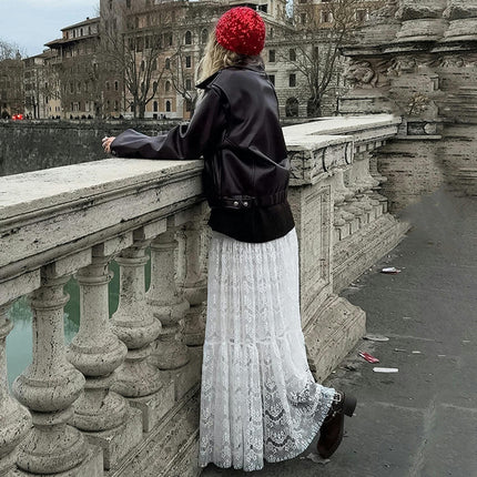 Floral Lace Maxi Skirt for Women High Waist See-Through A Line Flowy Long Skirt